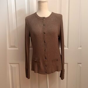 Women Brown Ribbed Button-Up Women's Sweater Cardigan, Size Petite Large